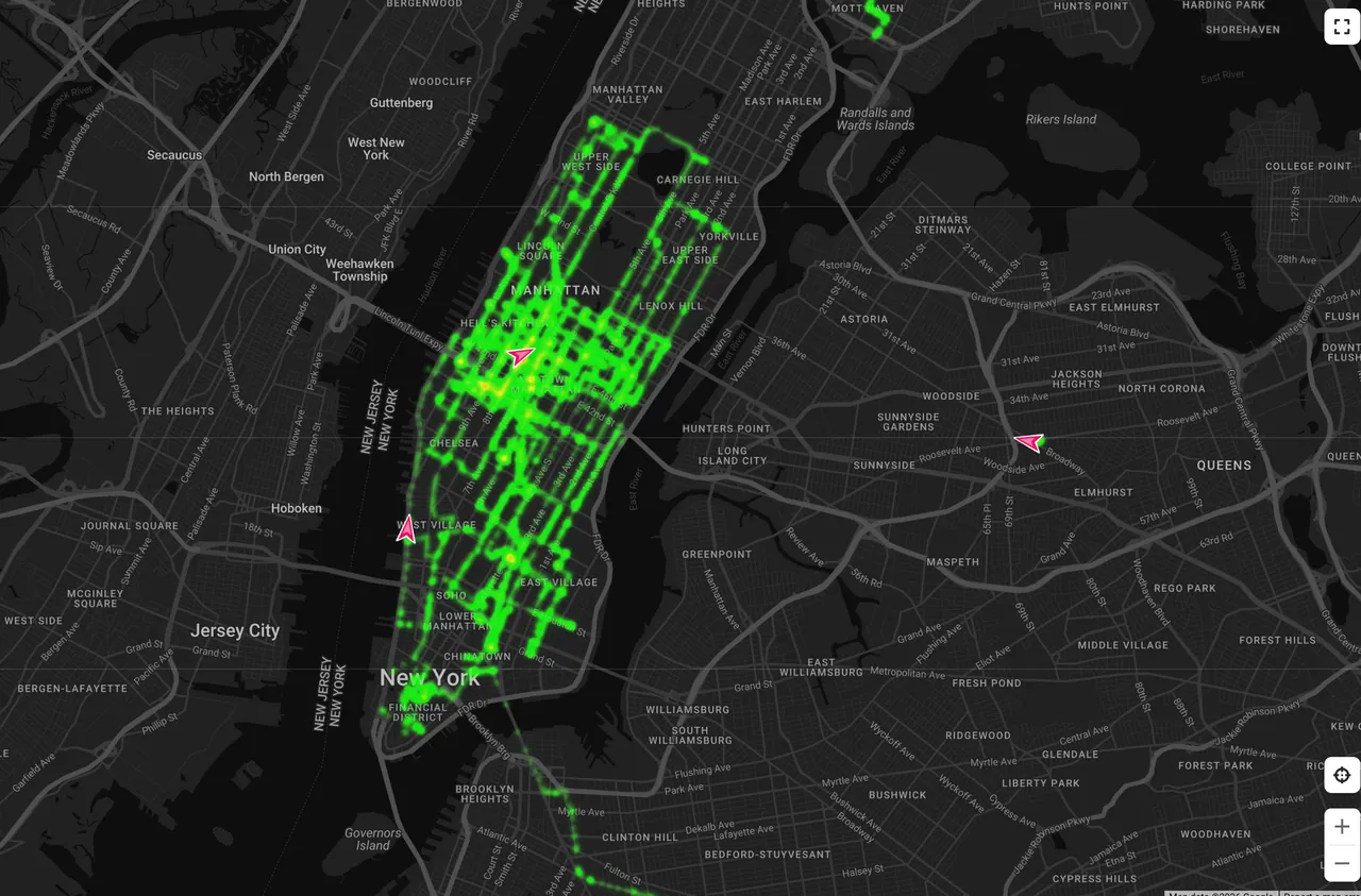 Every street the fleet has covered, traced from Harlem to the Financial District.