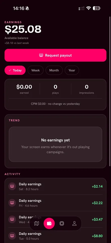 The rider is paid per play. $25.08 on the balance, and every day of the week itemised.