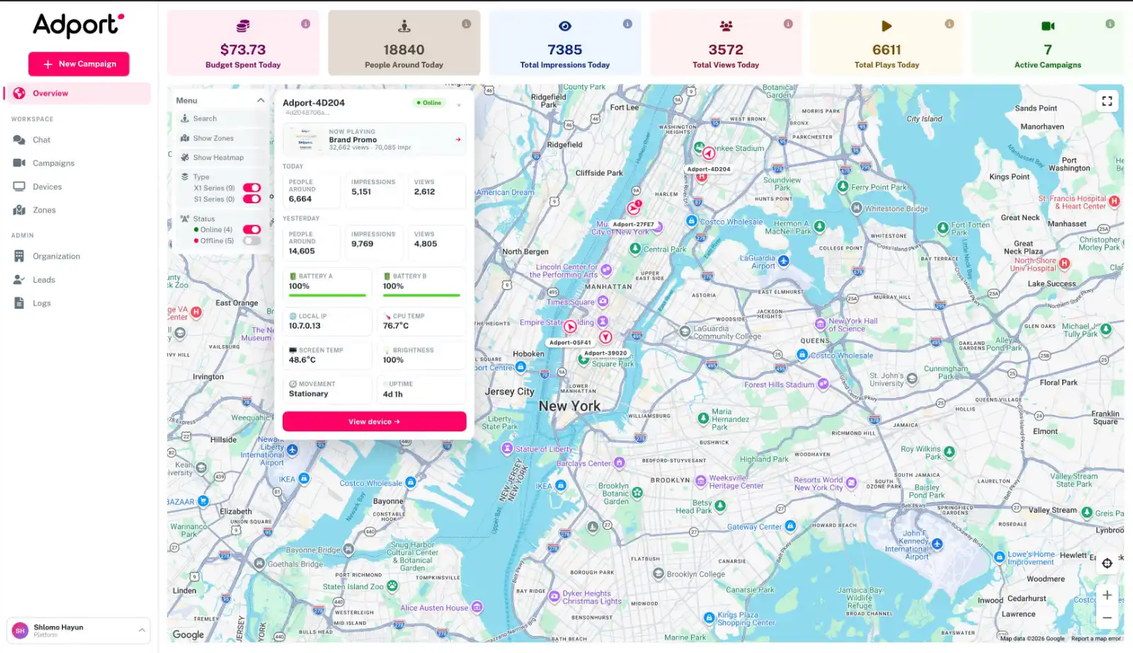 The Adport console — the live NYC fleet map of deployed units