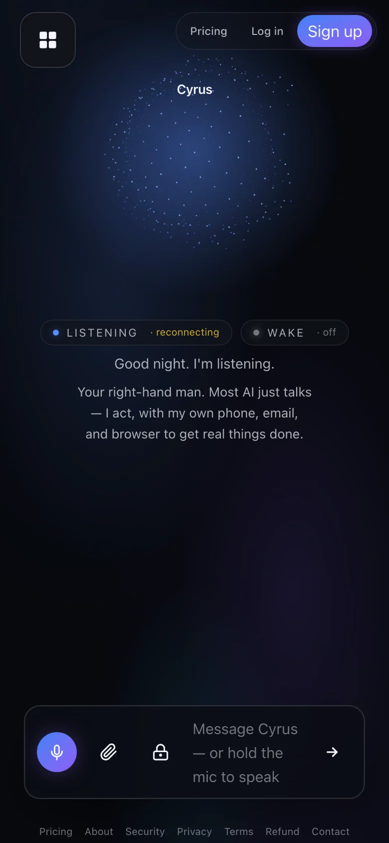 Cyrus on a phone — the voice-first agent in hand